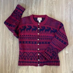 Vintage Woolrich Womens Sweater Cardigan Christmas Red Black Reindeer Holiday